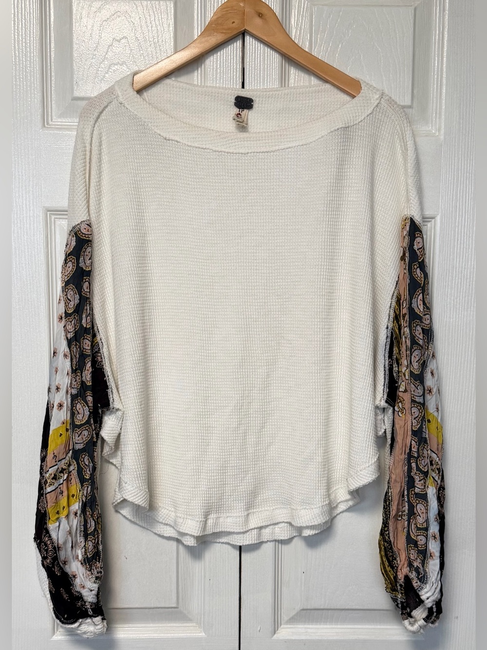 We The Free Cream Waffle Knit Top with Printed Balloon Sleeves